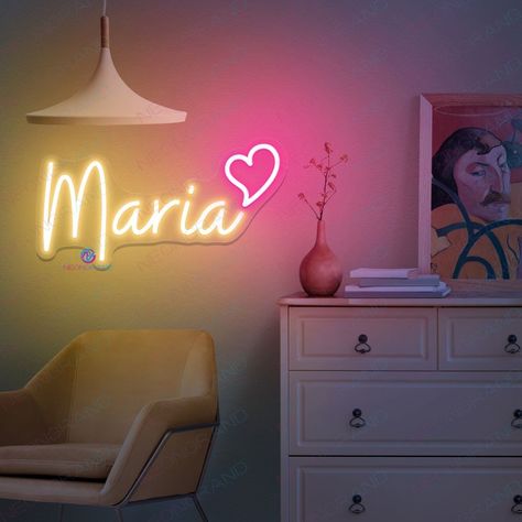 #NeonSignNames #NeonInspiration #NeonSigns #BrightIdeas Neon Sign For Room, Pink Led Room, Led Board Design, Led Name Board, Name Lights, Heart Led Light, Name Neon Light, Neon Sign Board, Neon Led Lights