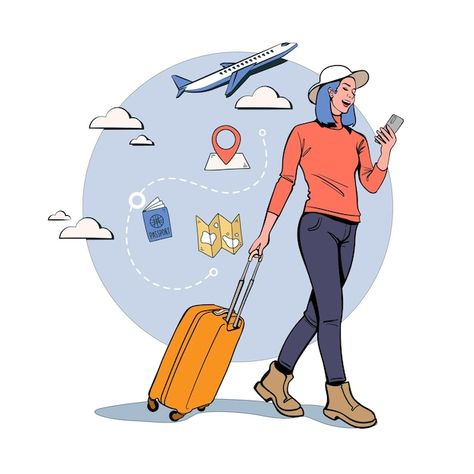 Vector illustration woman is planning a ... | Premium Vector #Freepik #vector #travel-illustration #traveling #travel #traveling-background Traveling Background, Tourism Illustration, Travel Vector Illustration, Trip Illustration, Illustration Woman, Magazine Ideas, Friends Illustration, Research Skills, Girl Thinking