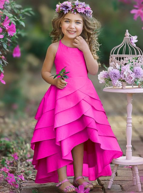 Pink Tiered Dress, Recital Dress, Layered Ruffle Dress, Elegant Girls, Chic Kids, Pink Flower Girl Dresses, Girls Pink Dress, Kids Fashion Dress, Hot Pink Dresses