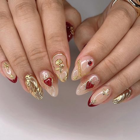 ⚜️ Golden hour ✨ ib from @colorspace_id 💛 ❤️ 𝗗𝗶𝘀𝗰𝗼𝘂𝗻𝘁 𝗖𝗼𝗱𝗲 at @kiokonailsupply use 𝗝𝗔𝗡𝗘𝗧 to save 💸 on your Korean gel / nail supplies ✨ #nailinspo #naildesign #rednails #maroonnails #fallnails #autumnnails #apresgelx #gelxnails #3dnails #chromenails #frenchnails #frenchtips #chromehearts Gold Charm Nails, 2025 Nails, French Tips Nails, Press On Nails French, Fake Acrylic Nails, Nails French Tips, Fairy Nails, Nails Classic, Nails With Gold