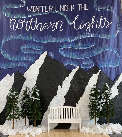 Winter Dance Decorations Diy, Northern Lights Backdrop, Northern Lights Dance Decorations, Northern Lights Bulletin Board, Aurora Borealis Decorations, Northern Lights Decorations Ideas, Northern Lights Themed Dance, Winter Concert Decorations, Northern Lights Prom Theme