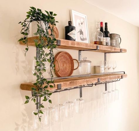 2 X Shelves With Double Wine Glass Holder and Steel Bar - Etsy UK Wine Glass Hanger, Drink Shelf, Wine Glass Shelf, Dining Room Shelves, Kitchen Wall Shelves, Kitchen Shelf Decor, Bar Shelves, Wine Shelves, Home Coffee Bar