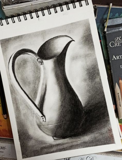 Sketching , charcoal work Jug Sketch Drawing, Still Life Charcoal Sketch, Still Life Painting Pencil Shading, Watercolor Still Life Simple, Charcoal Art Still Life, Still Life Drawing Pencil Shading, Still Life Pencil Shading Easy, Still Life Pencil Shading Sketch, Still Life Drawing Pencil Objects