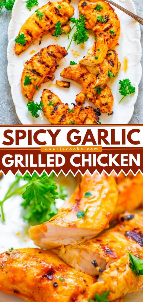 Grilled Spicy Garlic Chicken (SO Easy!) - Averie Cooks Spicy Garlic Chicken, Garlic Grilled Chicken, Garlic Chicken Marinade, Homemade Marinade, Spicy Grilled Chicken, Averie Cooks, Thanksgiving Dinner Menu, Thanksgiving Dinner Recipes, Simple Meals