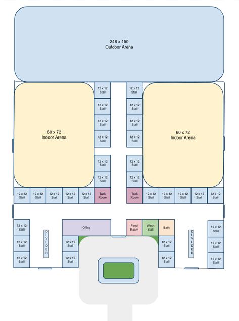 Stable With Arena, Small Arenas Horse, Horse Stable Floor Plans, Horse Training Facility Layout, Stable Designs Layout, Minecraft Horse Stable Layout, Swem Barn Ideas Minecraft, Big Horse Stable Minecraft, Horse Barn Blueprints