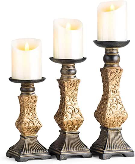 Gold Pillar Candle Holders, Gold Pillar Candles, Farmhouse Candle Holders, Rock Fireplaces, Gold Candle Holders, Standing Candle Holders, Rustic Candle Holders, Home Coffee Tables, Gold Candles