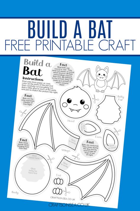 Grab our build a bat printable craft that's perfect for Halloween. Print out the free download and color, cut and paste to make your bat! Bats Crafts Preschool, Bat Activities For Kids, Kindergarten Halloween Crafts, Letter V Crafts, Bats Activities, Bat Printable, Halloween Bats Crafts, Bats For Kids, Bat Craft