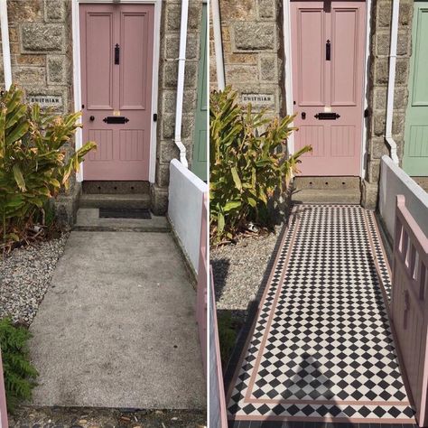 MOSAICS BY POST Tiled Walkways To Front Door, Pink Victorian Floor Tiles, Terrace House Front Door, Terraced House Front Door, Front Door Tiles Entrance, House Entrance Tiles, Victorian Terrace Garden Back, Victorian Terrace House Interior, Black And White Pattern Tile