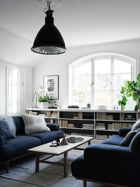 An elegant Stockholm pad with fab windows | my scandinavian home | Bloglovin’ Blue Couch Living, Blue Sofa Living, Blue Sofas Living Room, Blue Couch Living Room, Classic Room, Blue And White Living Room, Scandinavian Design Living Room, Blue Lounge, Blue Couches