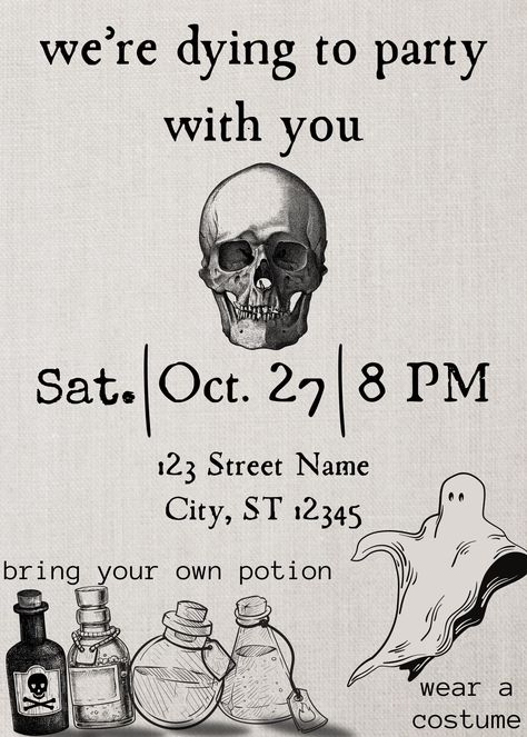 Happy Halloween! This simple, eerie halloween party invitation can be customized for your upcoming get together! I hope this invitation helps bring people together to celebrate your friends/kids and create special memories you'll never forget! THIS IS A DIGITAL DOWNLOAD, NO PHYSICAL PRODUCTS WILL BE SHIPPED PRODUCT DETAILS: Format: Digital Download (.pdf) Size: 5"x7" portrait invitation After Purchase, you will receive a confirmation email with a PDF document attached. Open that document and cli Invitation Card Halloween, Halloween Invitation Ideas Diy, Cute Halloween Invitations, Halloween Dinner Invitations, Halloween Themed Party For Adults, Halloween Invations Ideas, Halloween Themed 30th Birthday Party, Halloween Invite Template, Halloween Invite Ideas