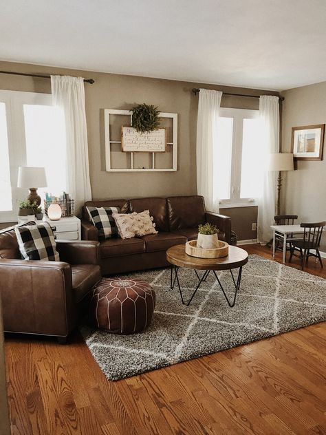 Small Home Decor Living Room, Dark Cream Living Room, Area Rugs Brown Couch, Brown And Tan Living Room Ideas Farmhouse, Farmhouse Pillows For Brown Couch, Brown Couch With Blue Accents Throw Pillows, Ottoman For Dark Brown Couch, Gray Furniture With Curtains, Boho Farmhouse Living Room Brown Couch