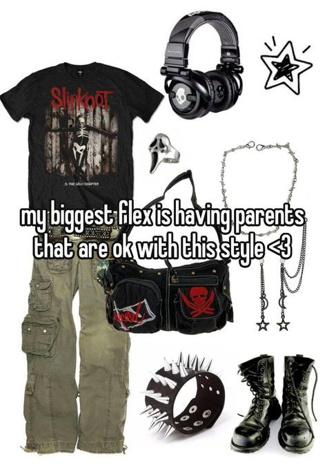 Outfit Ideas Metalhead, Alt Outfit Board, Alternative Outfits Aesthetic, Emo Whispers, Names Of Aesthetics Styles, Grunge Headphones, Metal Head Outfits, Metalhead Outfits, Grunge Diy