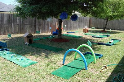 Diy Putt Putt Obstacles, At Home Putt Putt Course, Pumpkin Putt Putt, Diy Putt Putt, Backyard Games Diy, Mini Golf Party, Mini Putt, Golf Theme Party, Putt Putt Golf