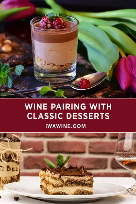 There’s nothing like finding the perfect wine for your dessert. It can bring the sweet to life, amplify flavor, enhance the texture and take you to a whole new world. When it comes to pairing wine with desserts, it is not as simple as it may seem. Generally, there are three factors to take into account when pairing wine with desserts. #dessert #chocolatemousse #chocolatedessert #winepairing #valentinesday #valentinesdaydessert Desserts That Go Well With Wine, Cake And Wine Pairing, Wine Party Desserts, Wine Tasting Desserts, Desserts That Pair With Wine, Desserts For Wine Tasting Party, Dessert And Cocktail Pairing, Wine And Dessert Pairing, Winery Desserts