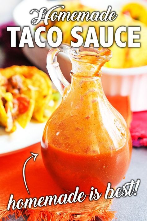 Make your own taco sauce to use in a variety of Mexican dishes, such as tacos, burritos and taco salads. Ditch the store-bought version so you know EXACTLY what goes inside! Make homemade taco sauce with a handful of ingredients and in just a few minutes! #tacosauce #mexicanfood #savorysauce Diy Taco Sauce, Taco Sauces, Taco Sauce Recipe, Homemade Taco Sauce, Taco Sauce Recipes, Mexican Sauce, Taco Salads, Tacos Burritos, Ground Beef Tacos