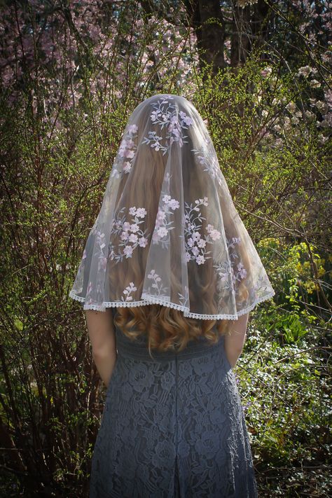 Evintage Veils~ READY TO SHIP Our Lady of the Rosary Joyful Mysteries Rose/Gray Vintage Inspired Lace Chapel Veil D Shape Mass Outfit, Joyful Mysteries, Christian Veils, Traditional Femininity, Chapel Veils, Chapel Veil Catholic, Girls Veiled, Lady Of The Rosary, Our Lady Of The Rosary