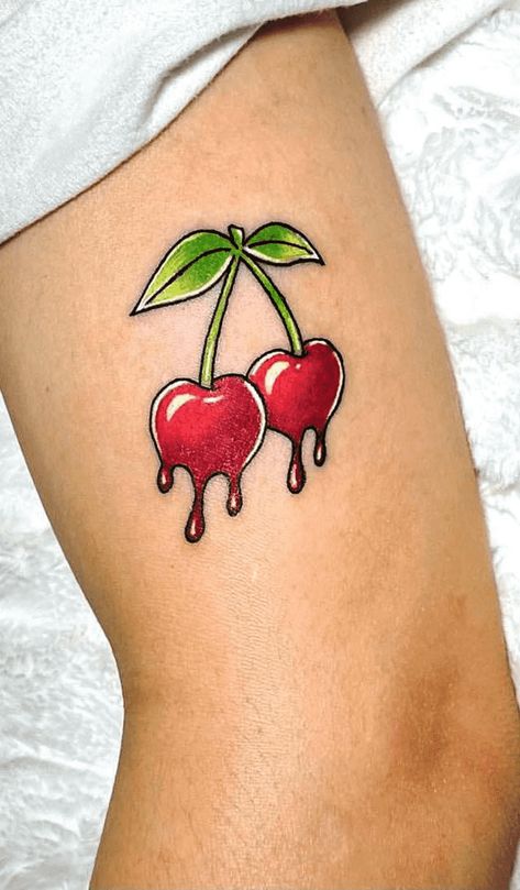 Cherry Tattoo Designs Ideas, Dripping Cherry Tattoo, Pink Cherry Tattoo, Cherry Vine Tattoo, Cherry Tattoo On Bum For Women, Tattoo Ideas Strawberry, Juicy Tattoo, Cute Strawberry Tattoo, Strawberry Tattoo Design