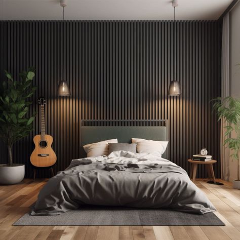 Slat Veneer Wall Panels vs. Other Soundproofing Solution Design Ložnic, Black Feature Wall, Feature Wall Bedroom, Wood Slat Wall, Accent Wall Bedroom, Bedroom Panel, Wood Panel Walls, Slat Wall, Black Walls