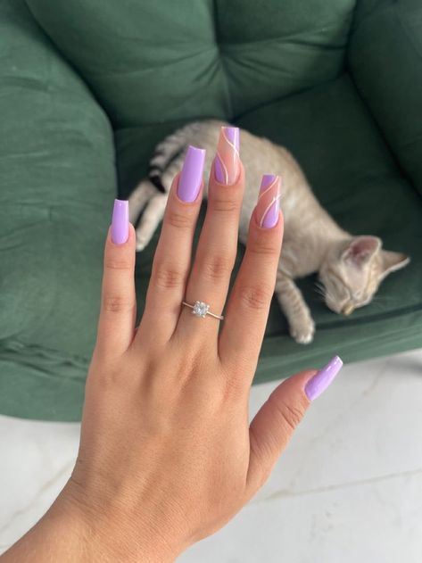 Coffin Acrylic Nails Purple French Tip, Purple Hoco Nails Acrylic, Purple Nail Designs Medium Length, Lilac Purple Nail Designs, Squoval Acrylic Nails Purple, Light Purple Nails Gel, Lilac Gel Nail Designs, Soft Spring Nails, Almond Purple French Tip Nails