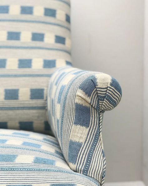 Christopher Farr Cloth’s Instagram post: “This beautiful chair has been re- upholstered by the talented @byannaelizabeth_ using our Lost and Found fabric shown here in denim.…” Victorian Terrace Kitchen, Christopher Farr, Dining Chair Upholstery, Reupholster Chair, Feature Chair, Country Bedroom, Bank Holiday Weekend, Blue Chair, Lost And Found