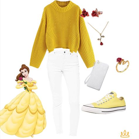 This Belle Disneybound is a casual and stylish Disneybound perfect for any occasion! Beauty and the Beast is a classic Disney movie, so why not try to shop your closet and change into this Disney Princess Disneybound! Visit Theme Park Style for more! Beauty And The Beast Outfit Casual, Movie Inspired Outfits Disney, Princess Inspired Outfits Casual, Cute Disney Princess Outfits, Princess Belle Inspired Outfits, Belle Inspired Outfits Casual, Beauty And The Beast Inspired Outfits, Disney Princess Bounding, Disney Bound Outfits Winter