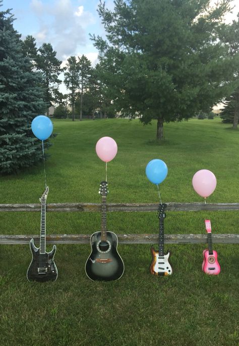 Guitar baby girl gender reveal Rock Gender Reveal Ideas, Gender Reveal Guitar, Guitar Gender Reveal Ideas, Musical Gender Reveal Ideas, Gender Reveal Music Theme, Music Themed Gender Reveal, Music Gender Reveal Ideas, Baby Girl Gender Reveal, Glitter Gender Reveal