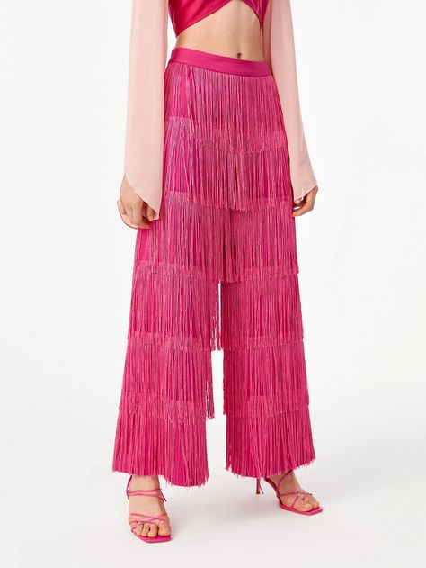 Tassel Pants, Spring Wide Leg Bottoms With Fringe, Summer Pink Bottoms With Fringe, Tassel Long Pants, Fringe Pants Set, Fringe Trim Pants, Fringe Pants, Fringe Trim, Wide Leg Trousers