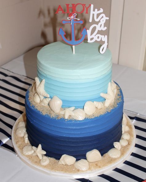 Ahoy, It’s a Boy! Nautical Baby Shower cake Its A Boy Cake, Nautical Food, Nautical Baby Shower Cake, Sailor Birthday, Jungle Thema, Smash Cakes, Ahoy Its A Boy, Beach Cakes, Boy Cake