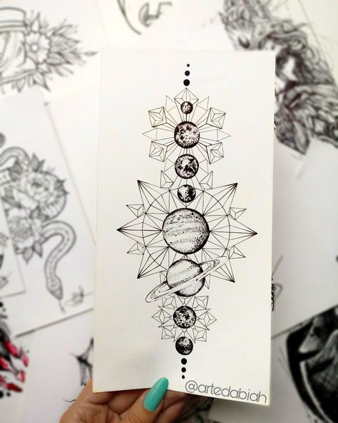 Witchy Geometric Tattoos, Geometric Planet Tattoo Design, Tattoo Ideas Geometric Minimalist, Geometric Astrology Tattoo, Space Chest Tattoo Female, Planetary Tattoo Ideas, Planet And Flowers Tattoo, Flower Planets Tattoo, Planets And Flowers Tattoo