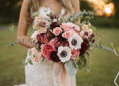 Blush And Burgundy Bouquet, Pink Garden Rose, Pink And Burgundy Wedding, Blush Pink Wedding Flowers, White Anemones, Anemone Bouquet, Peach Bouquet, Burgundy Bouquet, Colorful Wedding Flowers