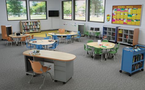 K-3 Environment, Cascade Cubby, 3-2-1 Collaborative Desks, Flavors Chairs, Cascade Teachers desk and more! #earlyed Classrooms Designs, Seating Layout, Smith System, Classroom Preschool, Flexible Seating Classroom, 21st Century Classroom, Classroom Tables, Classroom Layout, Early Childhood Classrooms