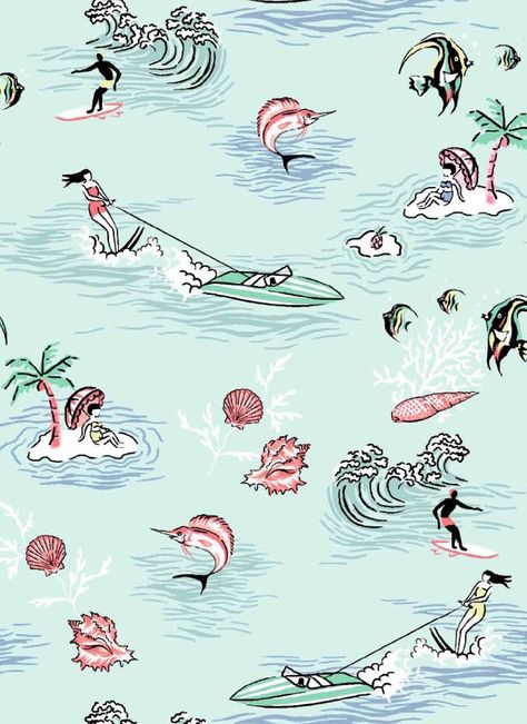 'Aloha' print conversational, I love Hawaiian prints so in this print I wanted to capture all my favourite tropical elements together - Jacqueline Colley Conversational Prints Textiles, Hawaiian Print Wallpaper, Hawaiian Illustration, Tropical Prints Pattern, Tropical Elements, Ocean Fabric, Conversational Prints, Aloha Print, Blog Backgrounds