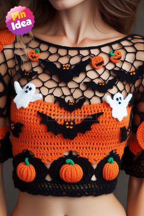 This Halloween crochet crop top is the ultimate festive wear for spooky season lovers! Crochet Christmas Gifts, Crochet Design Pattern, Kawaii Crochet, Crochet Fashion Patterns, Unique Top, Crochet Crop, Festive Wear, Fun Crochet Projects, Halloween Crochet