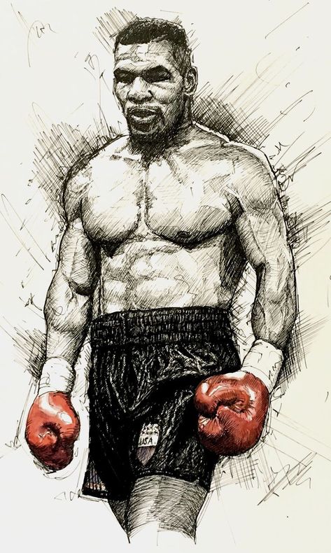 A pen and ink sketch of Mike Tyson in mostly blakc pen but with red ink used on the boxing gloves. Mike Tyson Sketch, Sport Art Drawing, Mike Tyson Drawing, Motivation Drawing Ideas, Boxing Sketch, Boxing Drawing, Poc Oc, Drawing List, Boxing Art