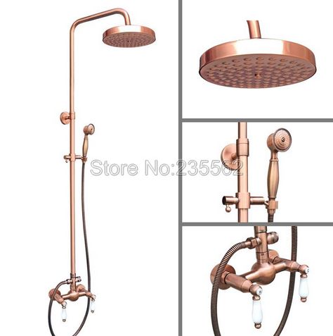 Wall Mounted Dual Ceramic Lever Rain Shower Mixer Faucet Set Antique Red Copper Bathroom Hand Shower Spray Tap lrg582 Showers Without Doors, Copper Bath, Bathroom Shower Faucets, Copper Bathroom, Shower Seat, Shower Units, Shower Faucet Sets, Brass Bathroom, Rainfall Shower Head