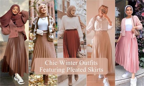 The new trend of pleated skirts for hijabis, learn how to style pleated skirts this winter Long Cream Pleated Skirt Outfit, Hijabi Pleated Skirt Outfit, Brown Pleated Skirt Outfit Winter, Pink Pleated Skirt Outfit Winter, Pleated Skirt Outfit Hijab, Maxi Pleated Skirt Outfit, Beige Pleated Skirt Outfit, Pink Pleated Skirt Outfit, How To Style Pleated Skirt