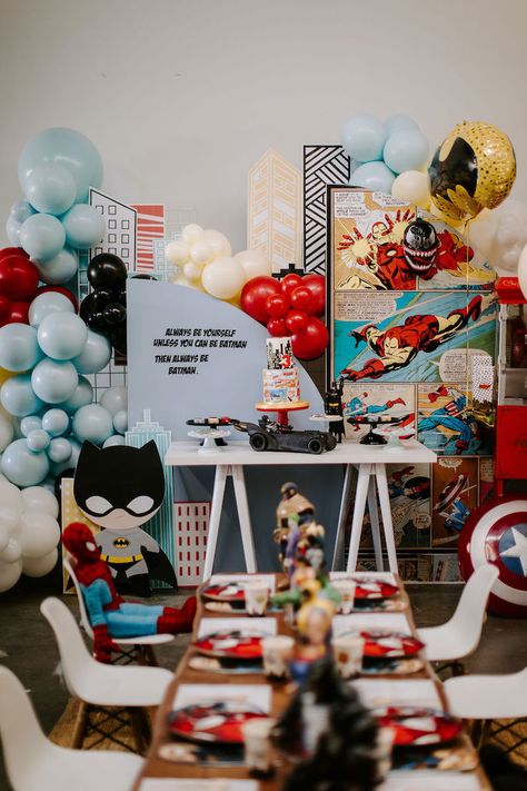 Superhero Cookies, Comic Party, Marvel Birthday Party, Marvel Party, Superhero Theme Party, Avenger Birthday Party, 5th Birthday Party Ideas, 4 Birthday, Spiderman Birthday Party