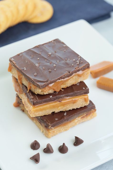 Salted Caramel Bars Recipe with RITZ Crackers crust Ritz Cracker Bars, Ritz Cracker Crust Dessert, Recipes Using Ritz Crackers, Caramel Ritz Cracker Treats, Recipes With Ritz Crackers, Skor Ritz Squares, Caramel Peanut Butter Ritz Cracker Treats, Caramel Peanut Butter Ritz Crackers, Recipe With Ritz Crackers