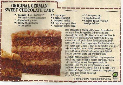 Vintage Baker's German's Sweet Chocolate Cake Recipe Original German Chocolate Cake Recipe, German Sweet Chocolate Cake, German Sweet Chocolate Cake Recipe, Bakers German Chocolate Cake, German Chocolate Cake Icing, Easy German Chocolate Cake, German Chocolate Cake Recipe, Sweet Chocolate Cake, Bakers Chocolate