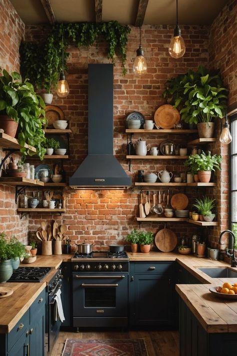 Brick House Kitchen Ideas, Boho Aesthetic Kitchen, Gothic Boho Kitchen, Alternative Kitchen Ideas, Kitchens Without Cabinets, Boho Cottagecore Home, Cool Interior Design Ideas, Boho Aesthetic House, Wallpaper Cabinets Kitchen