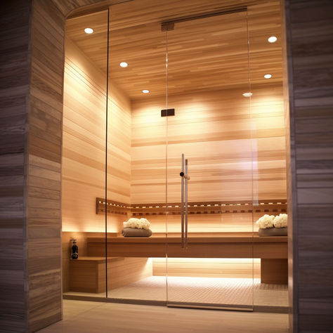 Exercise Room With Sauna, Indoor Sauna Room, Sauna Shower Combo Master Bath, Bathroom With Sauna Layout, Home Sauna Room, Luxury Sauna, Sauna Bathroom Design, Sauna Shower, Indoor Sauna