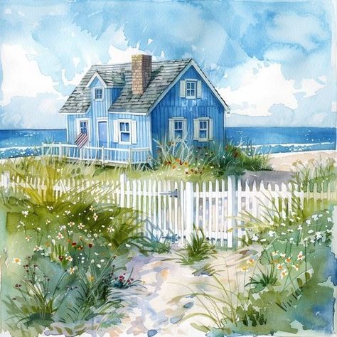 Michigan Watercolor, Beach Huts Art, Farmhouse Paintings, Urban Painting, Watercolor Beach, Watercolor Art Landscape, Small Art Prints, Seaside Cottage, Beach Watercolor