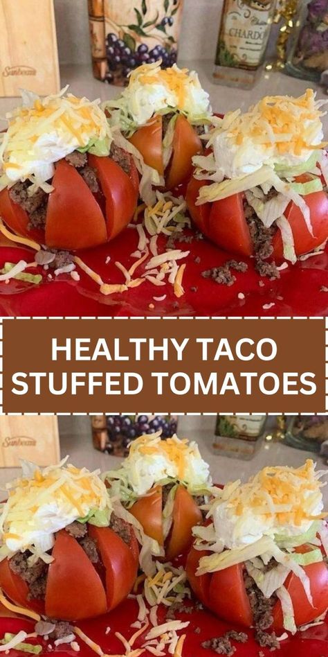 Healthy Taco Stuffed Tomatoes Healthy Stuffed Tomatoes, Healthy Taco Stuffed Tomatoes, Taco Tomatoes Stuffed, Tomato Tacos Stuffed, Taco Tomatoes, Taco Stuffed Tomatoes, Stuffed Tomatoes Recipes, Mild Taco Seasoning, Healthy Taco