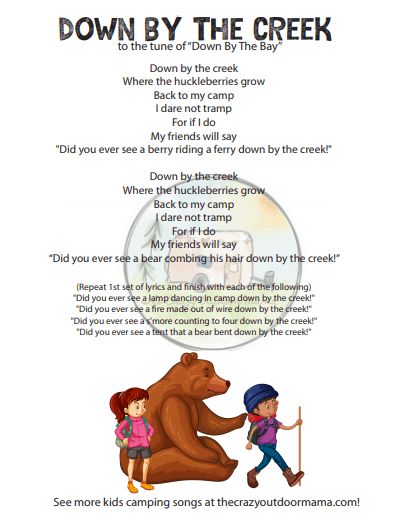 down by the creek tune of down by the bay kids campfire song fun camping songs to sing around the campfire or for a camp themed party at preschool! I can't wait to get this cute camp themed kids printable for my kids next indoor camp out! Indoor Camping Party Games, Camping Music And Movement Preschool, Nature Songs Preschool, Camping Theme Science Preschool, Summer Camp Songs For Preschoolers, Camping Preschool Activities Science, Camping Books Preschool, Camping Songs For Toddlers, Nature Songs For Kids