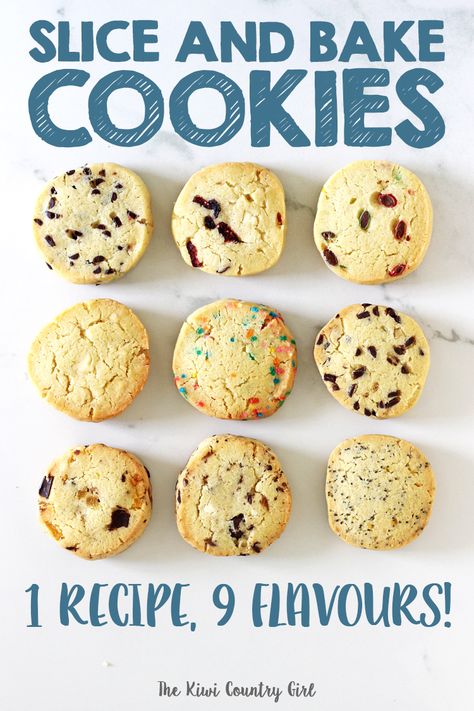 This recipe for easy slice and bake cookies comes with 9 flavour ideas! Perfect for school lunches or homemade gifts, the cookie dough can be made in advance and frozen for cookies in a snap! #thekiwicountrygirl #cookies #freezer #sliceandbake #easyrecipe #baking Slice And Bake Cookies, Freezer Cookies, Easy Slice, Icebox Cookies, Frozen Cookies, Baking Recipes Cookies, Bake Cookies, School Lunches, Biscuit Cookies