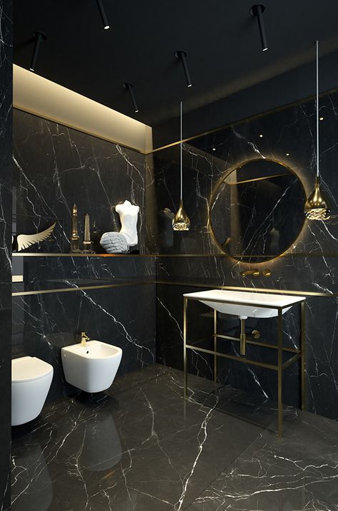 Guest bathroom on Behance Bathroom Interior Design Luxury Black, Bathroom Interior Design Luxury, Black Tile Bathrooms, Gold Bathroom Decor, Black Bathroom Decor, Black And Gold Bathroom, Modern Luxury Bathroom, Bathroom Design Black, Dark Bathrooms