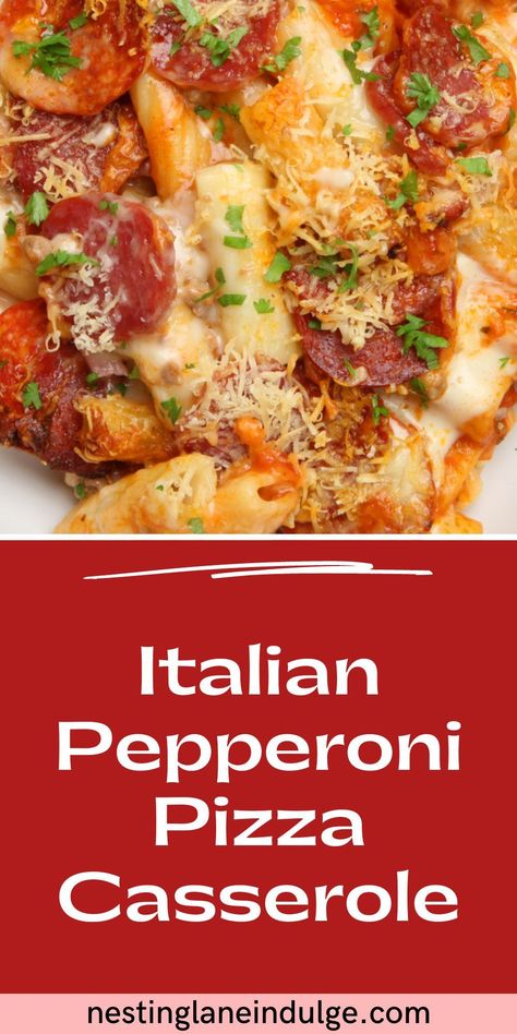 Italian Pepperoni Pizza Casserole Recipe. If you love pizza, and pasta, this is the dinner for you! We've combine the two to make the ultimate comfort food! This meal is made with pepperoni, ground beef, onion, bell pepper, garlic, salt, pepper, Parmesan cheese, pasta sauce, mushrooms, Rigatoni pasta, and Mozzarella cheese. This hearty dish is kid friendly, and adult friendly too! Ground Beef And Pepperoni Recipes, Recipes Using Pepperoni, Polish Pasta Casserole, Pepperoni Pizza Casserole Recipe, Pepperoni Pizza Pasta, Hamburger Ideas, Jalapeno Poppers Recipe, Pepperoni Pizza Casserole, Pepperoni Pasta