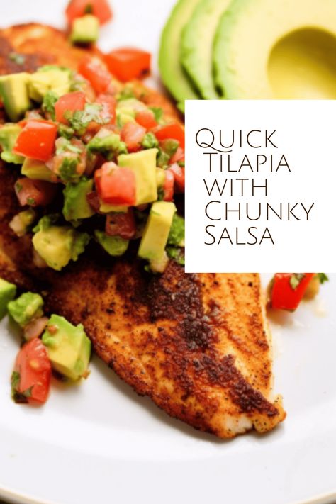 This quick Tilapia with Chunky Salsa - a healthy, easy-to-make dish featuring pan-seared tilapia and fresh avocado salsa. Tuna Carpaccio Recipe, Poached Fish Recipes, Fresh Fish Recipes, Baked Tilapia Recipes, Fish Sandwich Recipes, Frozen Tilapia, Salmon Pasta Recipes, Grilled Tilapia, Spanish Rice Recipe