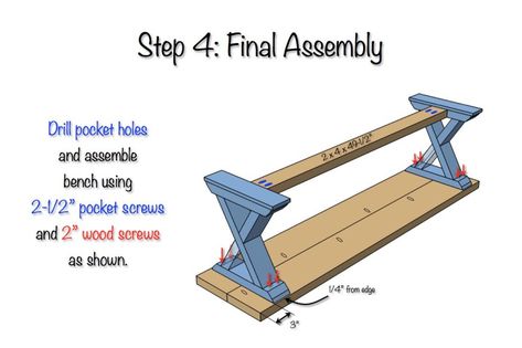 DIY X-Brace Bench Plans - Step 4 Dining Bench Diy, Trestle Bench, Farmhouse Bench Diy, Woodworking Plans Patterns, Woodworking Vise, Used Woodworking Tools, Woodworking Chair, Woodworking Logo, Bench Diy