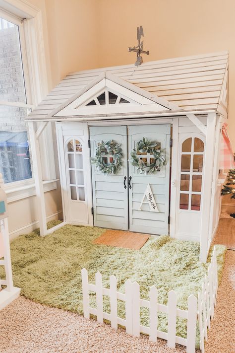 Kidkraft Country Vista Playhouse Makeover, Backyard Discovery Playhouse Makeover, Repurposed Playhouse, Makeover Playhouse, Kids Playhouse Interior, Kidkraft Playhouse, Kidkraft Playhouse Makeover, Kids Playhouse Makeover, Diy Playhouse Makeover